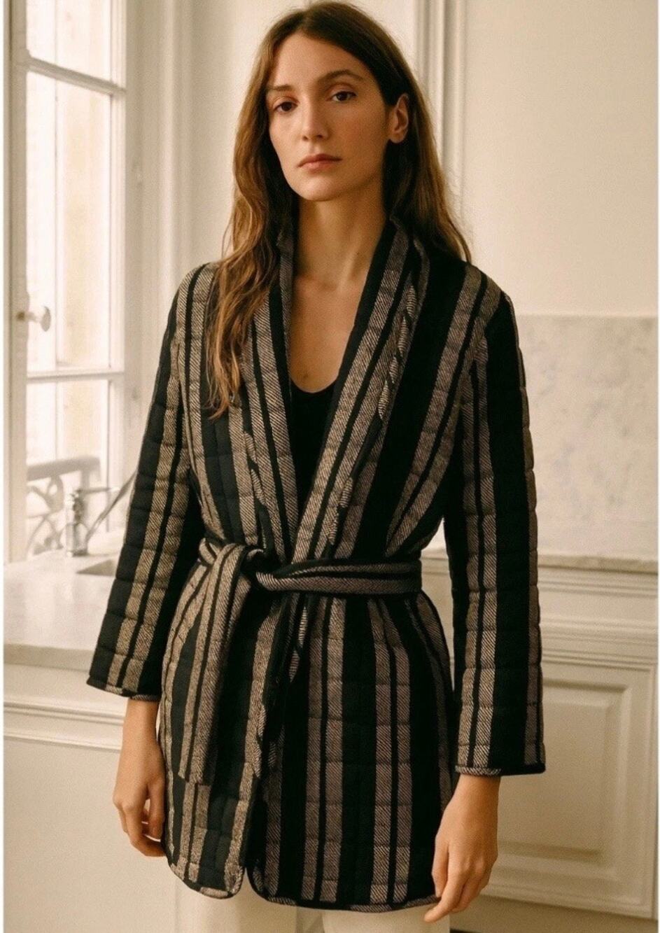 NEW MIRTH Bruges Jacket Large Black with Stripes Quilted Coat Handmade Belted